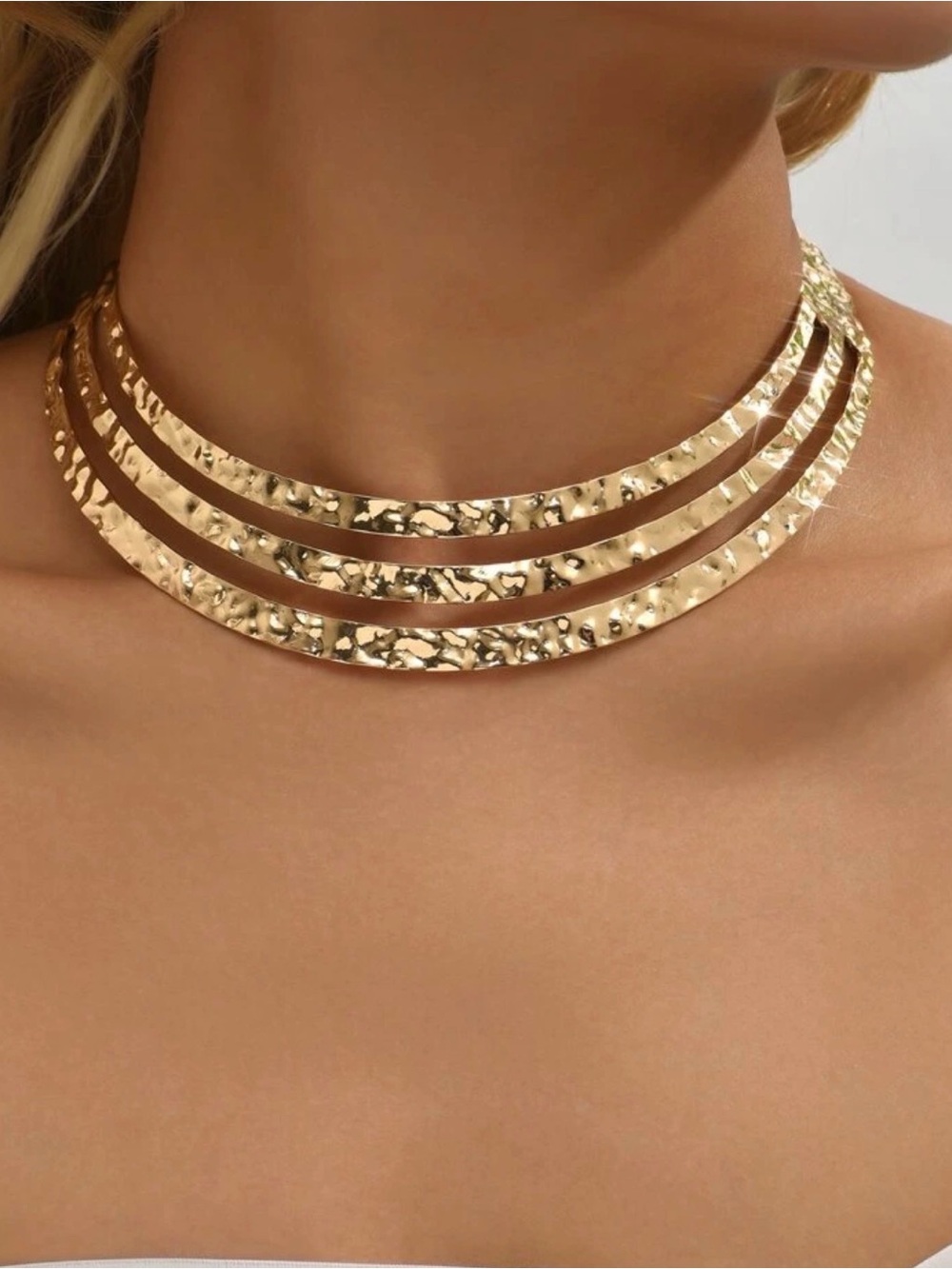 Hammered Gold Multi-Row Choker Necklace - Women Jewelry